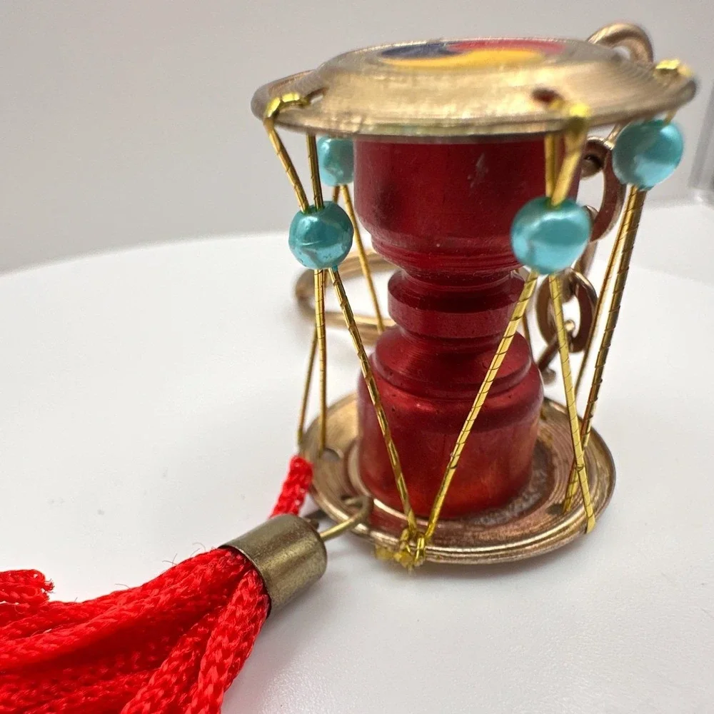 Vintage 90s‎ Korean Janggu Drum Keychain Red Tassel Blue Bead Traditional Style